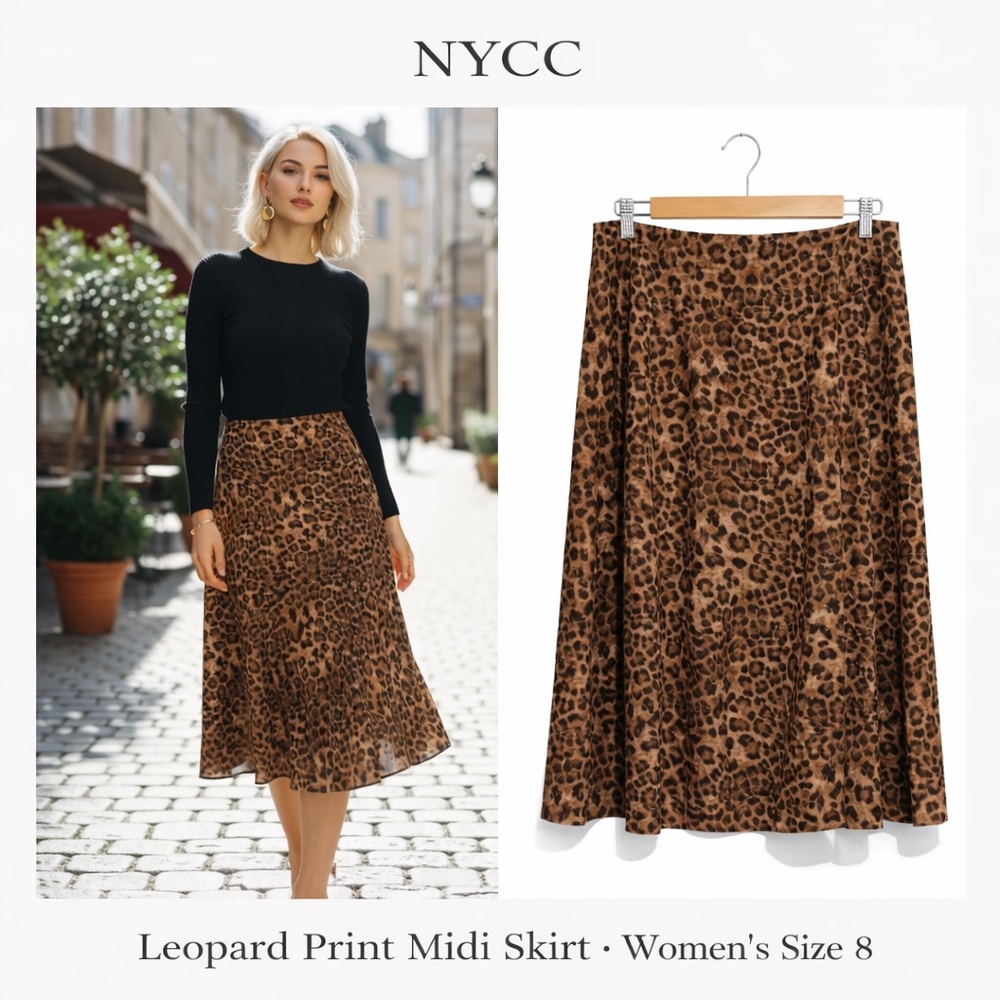 NYCC Leopard Print Midi Skirt Women’s Size 8 Brown Animal Print A-Line